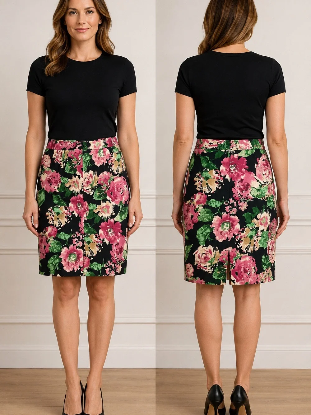 Talbots Floral Pencil Skirt Size 8 Navy Pink Green Career Garden Party